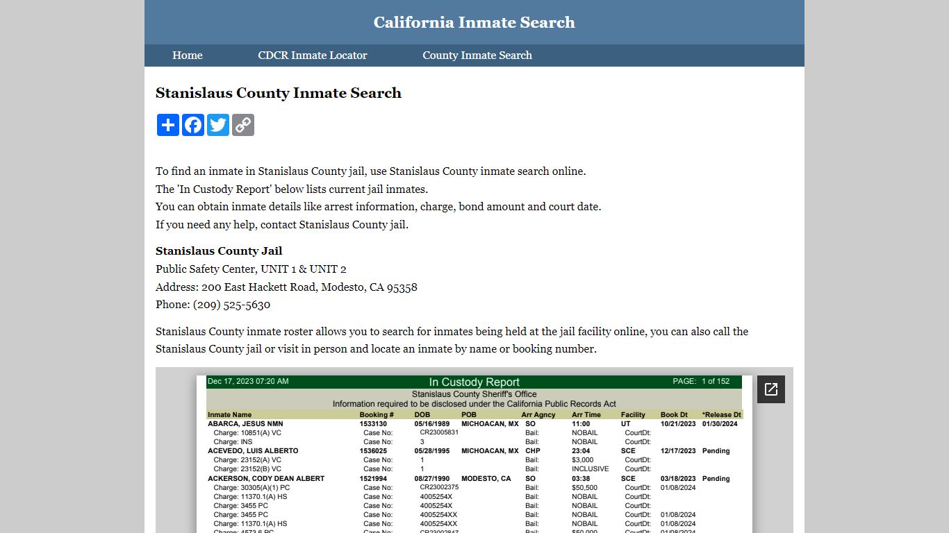Stanislaus County Inmate Search
